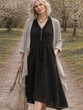 Completo Lino by Arturio Oversized Black 100% Linen Hi-Low Hem Tunic Dress Sz L